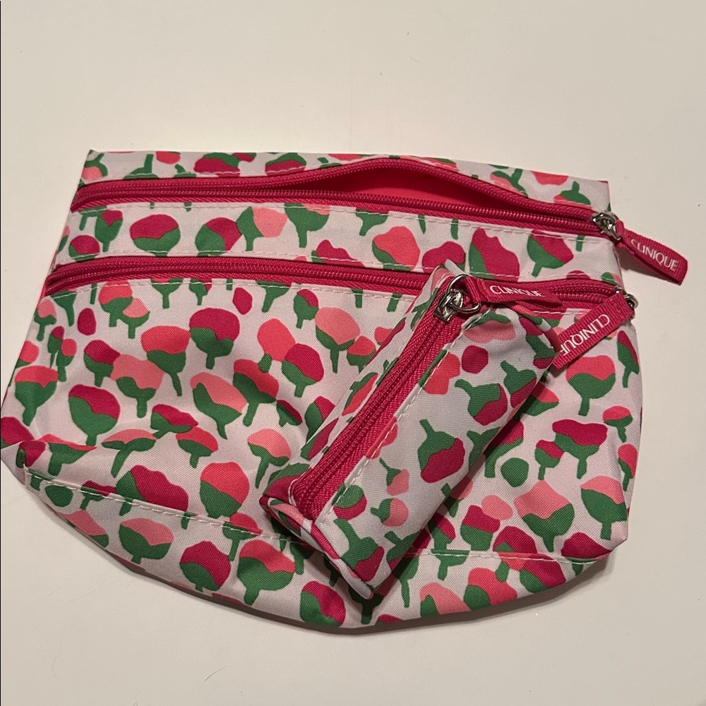 Clinique Pink and Green Floral Cosmetic Bag Duo